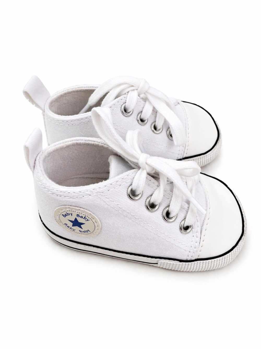 White Canvas Lace-Up Kids Sneakers with Blue Star Patch